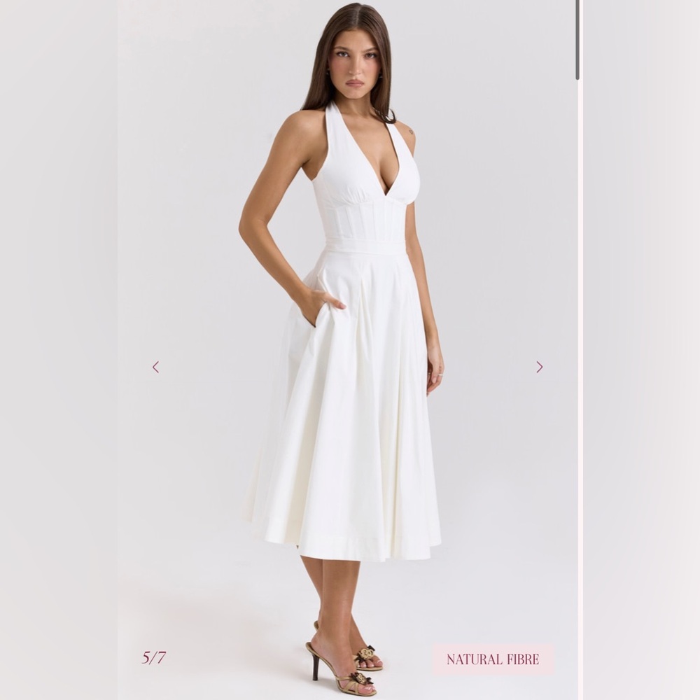 House of CB ALLENA White Stretch Cotton Halter Midi Sundress S Regular Cup A-C